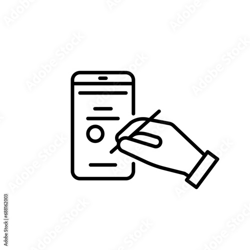 Digital signature on electronic document, line icon. Online agreement signing, distance contract on smartphone. Vector