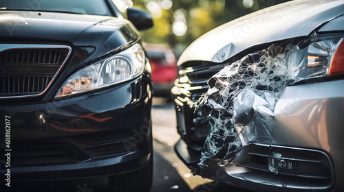 Des voitures après un accident de la route avec un pare-brise cassé et un capot endommagé. photo