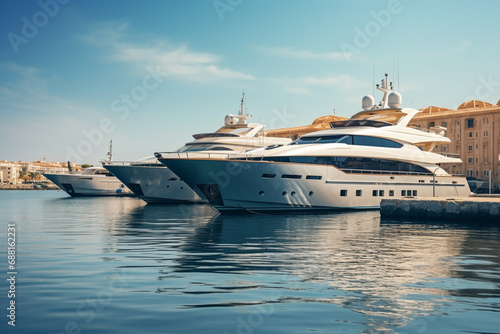 View of boats and yachts moored in marina. Modern yacht moored in a harbor © artsterdam