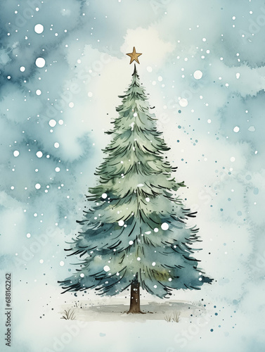 Winter Holiday Christmas Card Art, Background Image For Holiday Celebration, Watercolor Style Christmas Winter Artwork