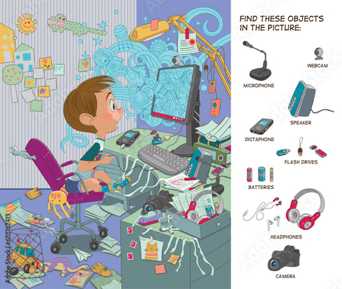 Hidden object puzzle. The child discovers the computer world. Vector illustration. Funny cartoon character.