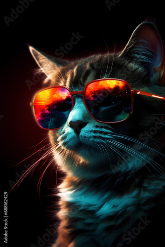 Portrait of cat with sunglasses on black background