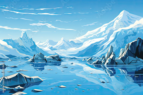A majestic and imposing glacier with a clear blue sky. (Illustration, Drawing)