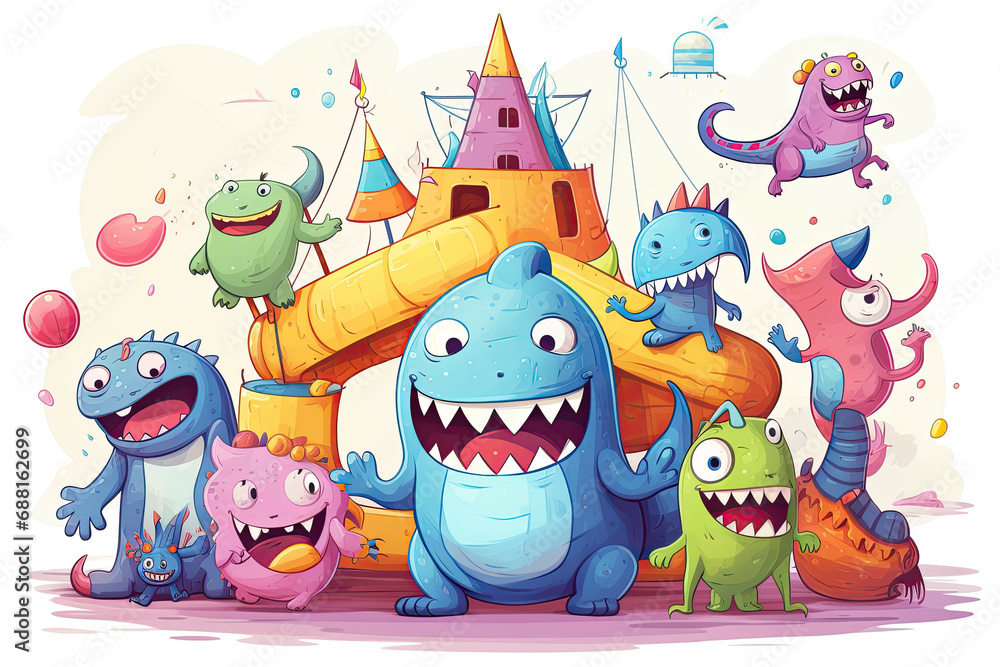 Naklejka premium Cute and colorful monsters playing in playground. (Illustration, Drawing)
