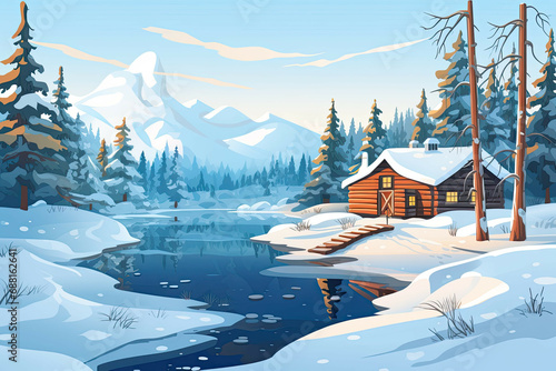 Cabin in snowy forest with frozen lake (Illustration, Drawing)
