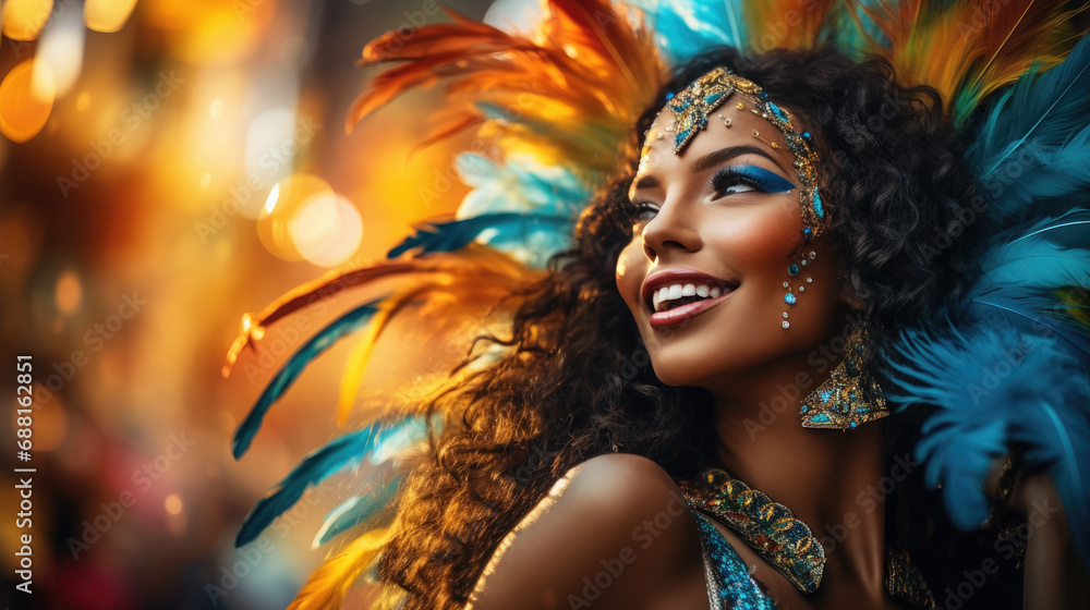 beautiful young Brazilian girl at a carnival in Brazil, fancy dress, outfit, masquerade, feathers, rhinestones, woman, makeup, portrait, smiling face, joy, happiness, dancing, sparkles, sequins