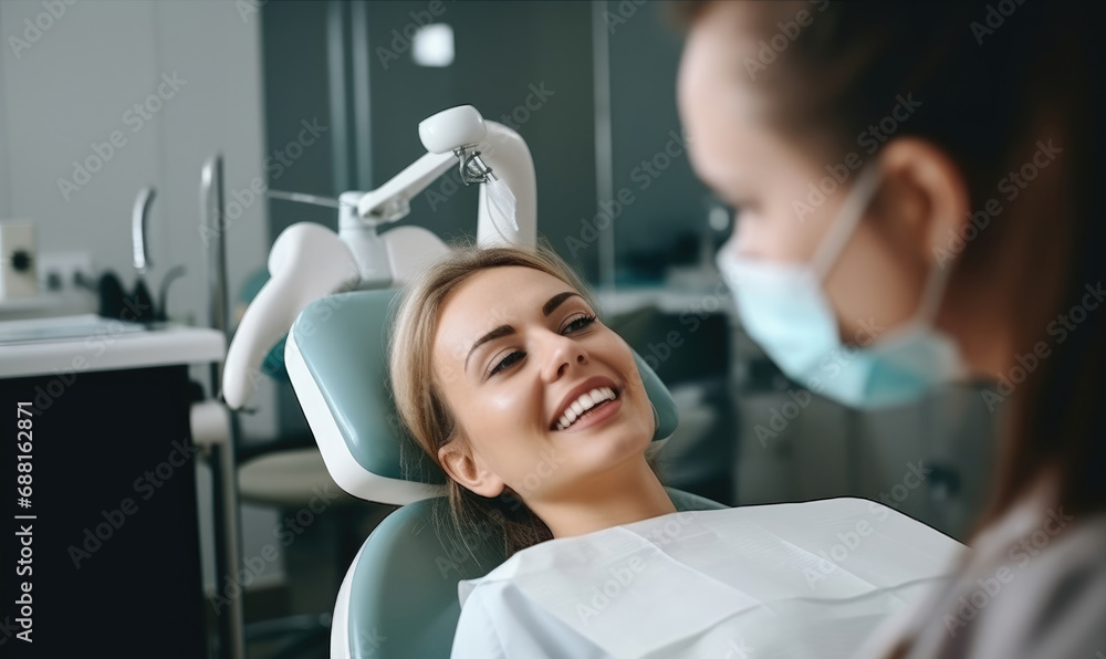 Beautiful woman sitting in dental chair while professional doctor fixing her teeth. Dental care concept Beautiful woman sitting in dental chair while professional doctor fixing her teeth. Dental care concept
