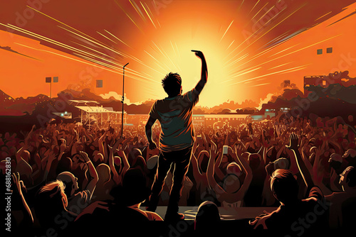 Musician performing on stage in front of packed audience (Illustration, Drawing) photo