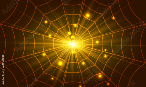 Glowing cobweb bright gold light. golden shine background.