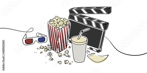 Cinema elements clipart line drawing with shape. Movie theater popcorn, filming cinema clapperboard. 3d glass, drink and movies premiere ticket cinematography. Vector illustration