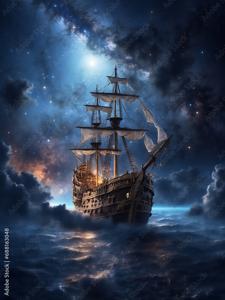 pirate ship sails through the clouds in night sky ai image pirate ship sails through the clouds in night sky ai image