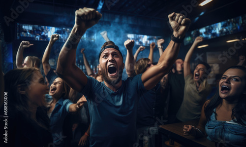 A goroup of young people are cheering in the pub. Hands up