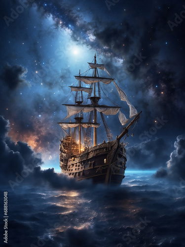 pirate ship sails through the clouds in night sky ai image 