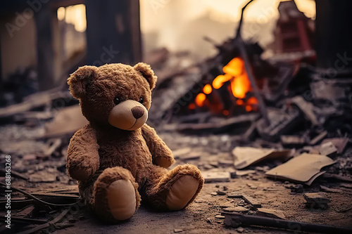 Old Teddy Bear Sits in the Remnants of a House, Symbolizing the Devastation After Conflict, War, Earthquake, or Natural Disaster. Conveying the Heartbreaking Concept of Child Poverty. 