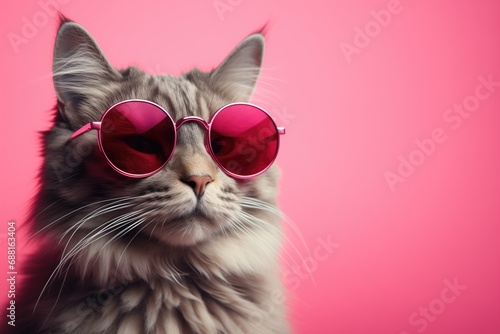 Closeup portrait of funny cat wearing sunglasses isolated on light cyan. Copyspace. Cat with sunglasses © Noize