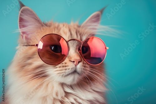 Closeup portrait of funny cat wearing sunglasses isolated on light cyan. Copyspace. Cat with sunglasses © Noize