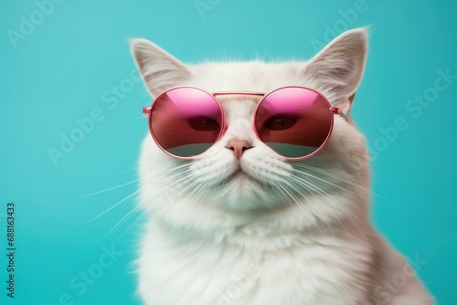 Closeup portrait of funny cat wearing sunglasses isolated on light cyan. Copyspace. Cat with sunglasses