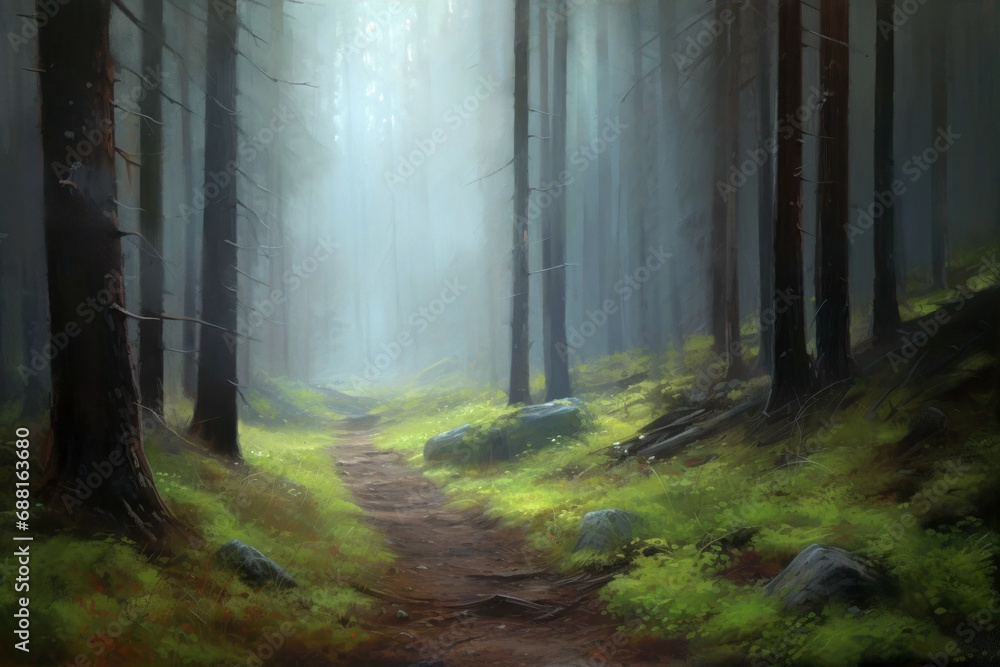 Path leading through foggy forest. Digital painting.