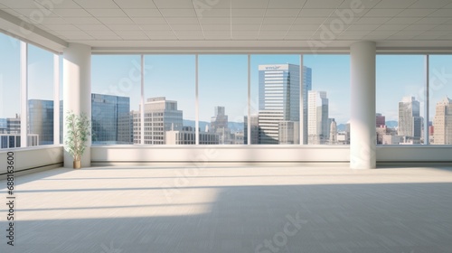 Empty Room with Stunning Arlington Skyline View through Window â€“ 3D Rendering Image of Real Estate Offices in Day Time.