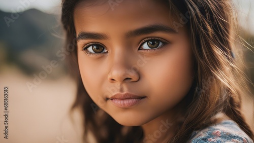 Close-up portrait of a little girl with brown eyes and brown hair photo