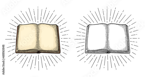Open book with ray isolated on white background. Vector color vintage engraving illustration. Hand draw in a graphic style.