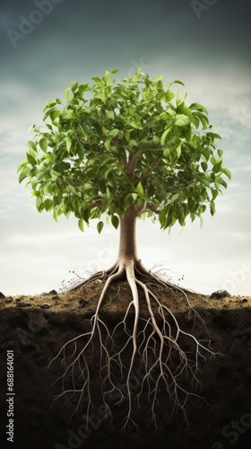 Illustration of a 3D apple tree with soil  roots  and grass