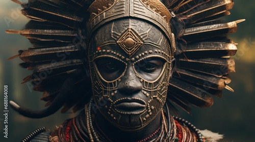 Illustration of AI-generated African warrior donning spear and traditional mask