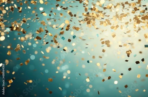 gold confetti falling over a turquoise background,