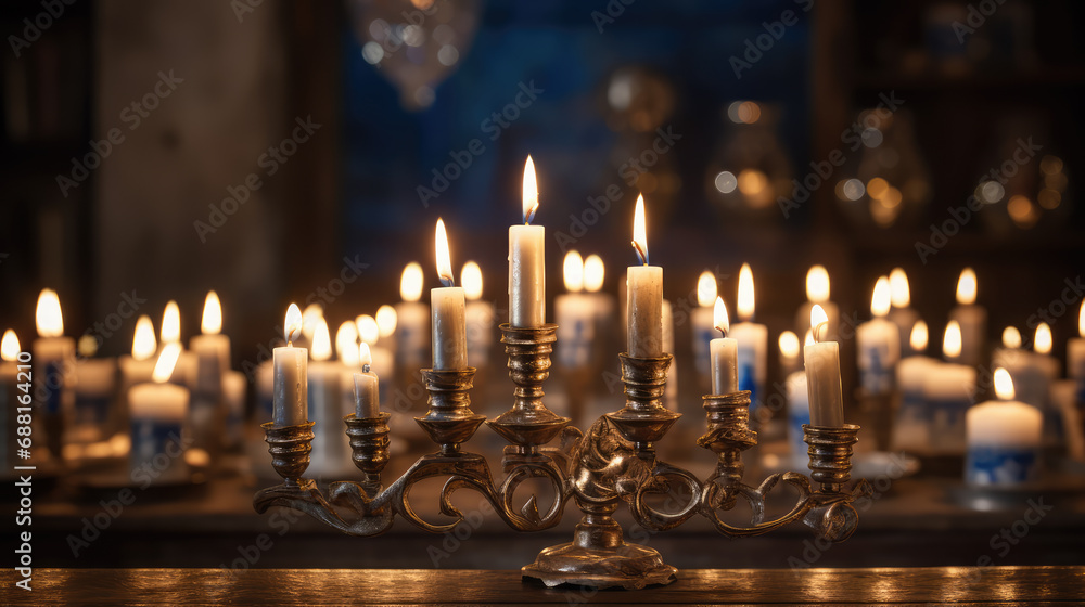 Menorah candle lighting ceremony during Hanukkah celebration. Warm atmosphere and candle lights. Menorah candle lighting ceremony during Hanukkah celebration. Warm atmosphere and candle lights.