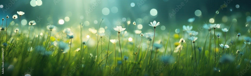 green grass background surrounded by flowers,