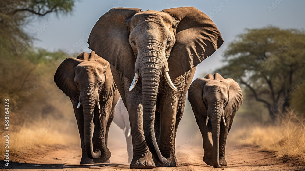 Fototapeta premium award winning shot, portait of a group of adult african elephants walking towards the camera. Majestic portrait of African elephants, front view. Portrait of wildlife in the wilderness of Africa. Envi