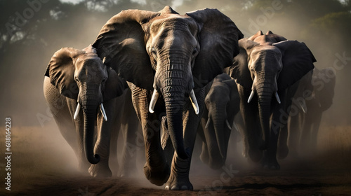 award winning shot, portait of a group of adult african elephants walking towards the camera. Majestic portrait of African elephants, front view. Portrait of wildlife in the wilderness of Africa. Envi