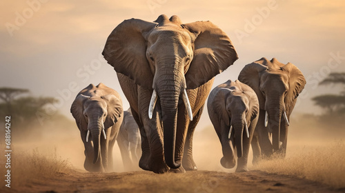 award winning shot, portait of a group of adult african elephants walking towards the camera. Majestic portrait of African elephants, front view. Portrait of wildlife in the wilderness of Africa. Envi