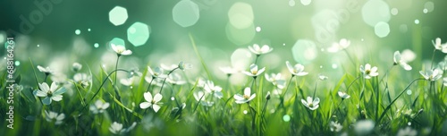green grass background surrounded by flowers,