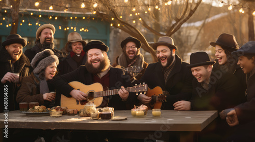 Jewish community celebrating Hanukkah outdoors with music, dancing and festive activities.