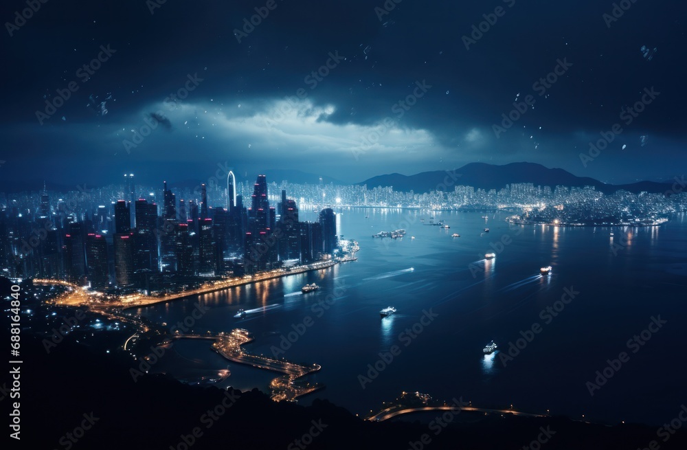 night aerial, futuristic lights, cityscape,