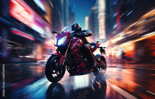 motorbike and lights on red background on modern city of hong kong,