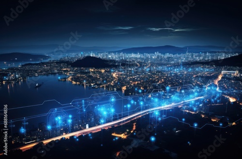 night aerial, futuristic lights, cityscape,