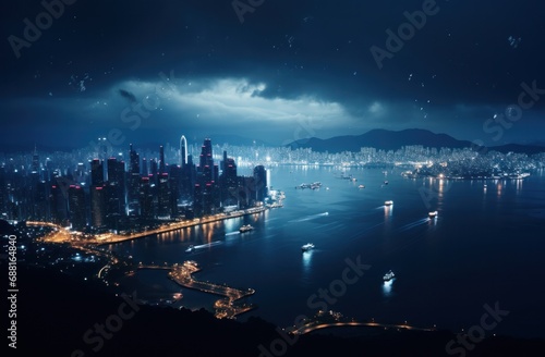 night aerial, futuristic lights, cityscape,