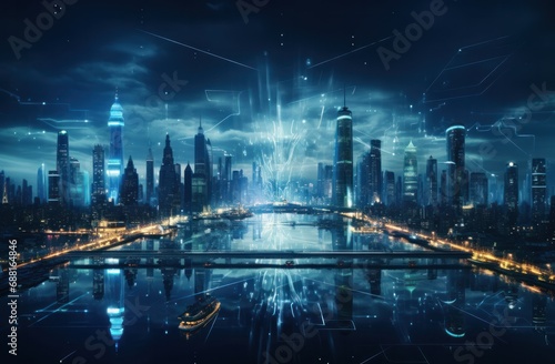 night aerial, futuristic lights, cityscape,