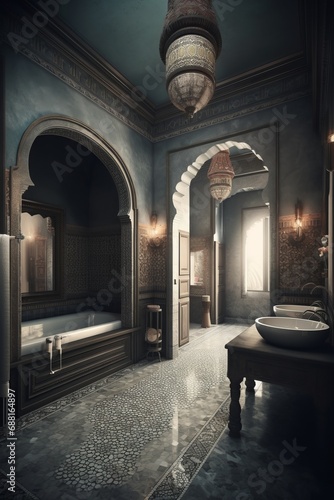 Luxurious Arabic style interior of bathroom in a house.