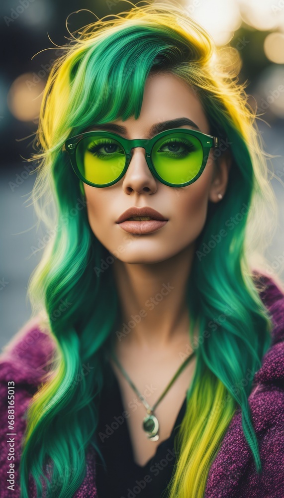 A girl with green hair and glasses.