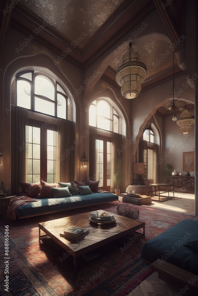 Interior of living room in traditonal Arabic style.