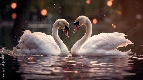 enchanting visuals of a couple of white swans, gracefully expressing love on Valentine's Day.