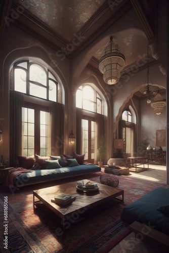 Interior of living room in traditonal Arabic style.