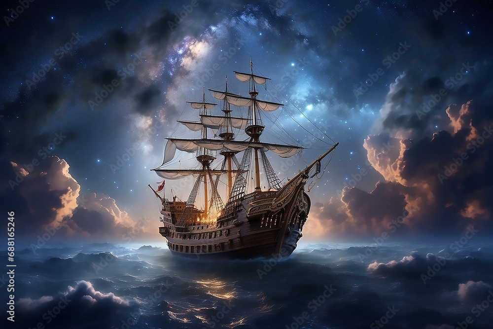 pirate ship sails through the clouds in night sky  - obrazy, fototapety, plakaty 