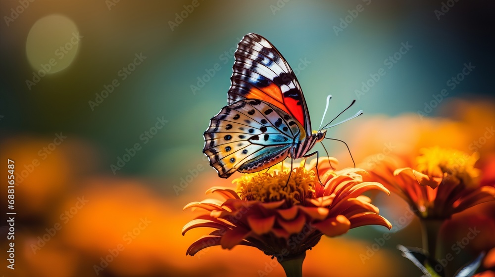 A butterfly that is brightly colored on a flower A butterfly that is brightly colored on a flower