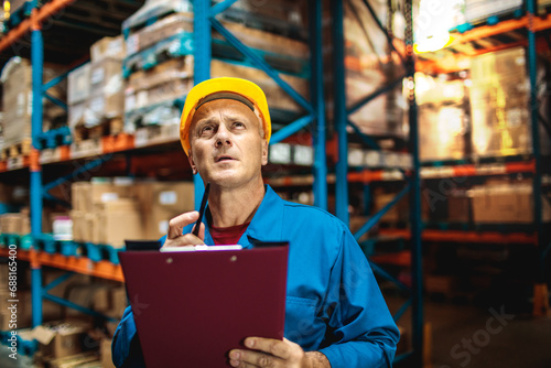 Warehouse worker doing inventory analyzing shipment photo