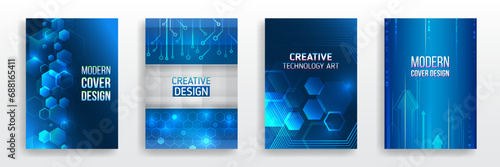 Science cover design for business presentation. High-tech brochure flyer template. Abstract hexagonal futuristic design concept. Technology background design, booklet, leaflet, annual report layout.
