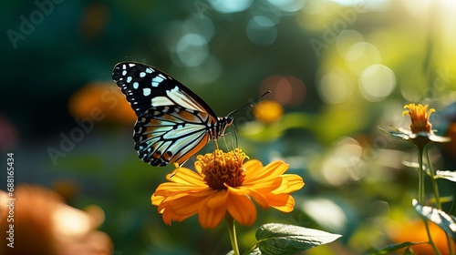 A butterfly is seen sitting on a flower in a close-up shot.